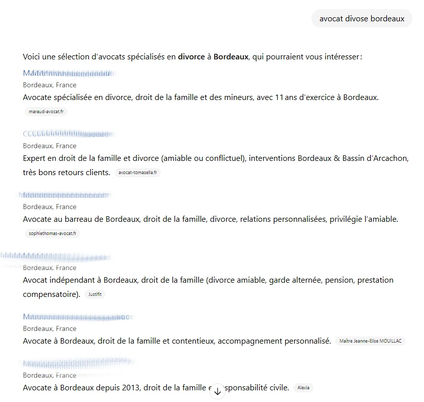 exemple réponse chat gpt 5 sur avocat divorse bordeaux pour le référencement avocats