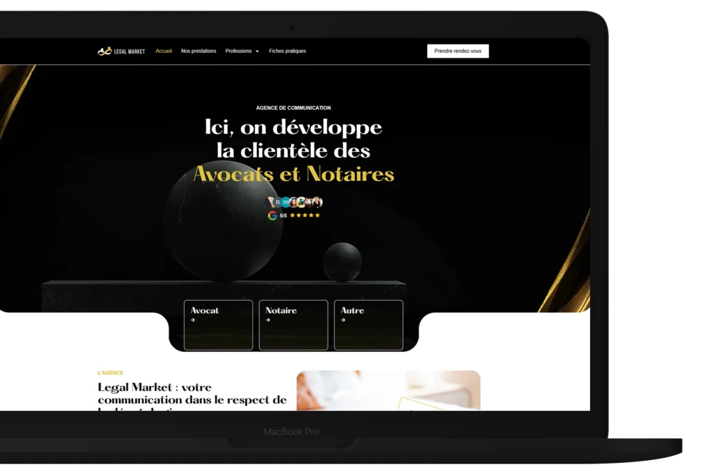 hero section site developpé par evico pour legal market agence communication notaire et avocats