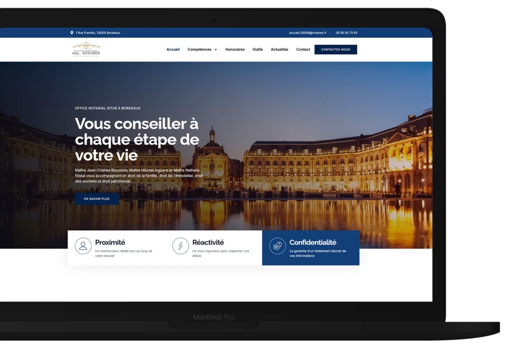 création site internet pour notaire avec mockup page accueil site 1645 notaires etude notarial a bordeaux