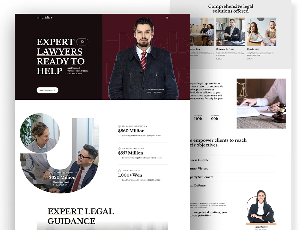 mockup page complet création site intenet pour avocat avec page complet design traditionelle