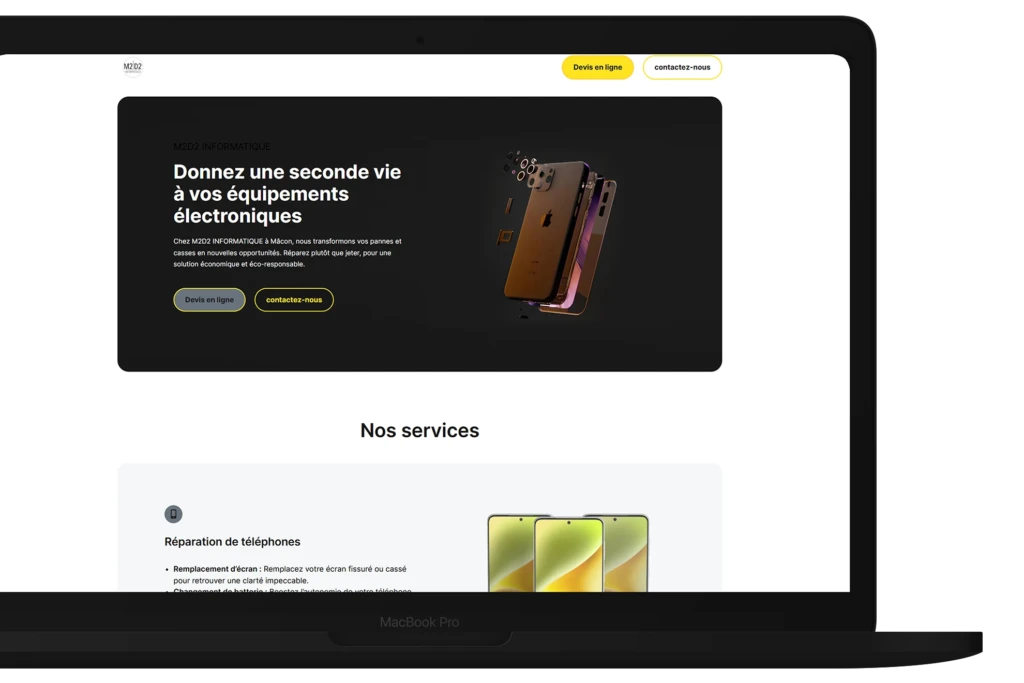 projet m2d2 informatique macon, creation du site vitrine pour presenter service de reparation informatique de l'entreprise image hero section