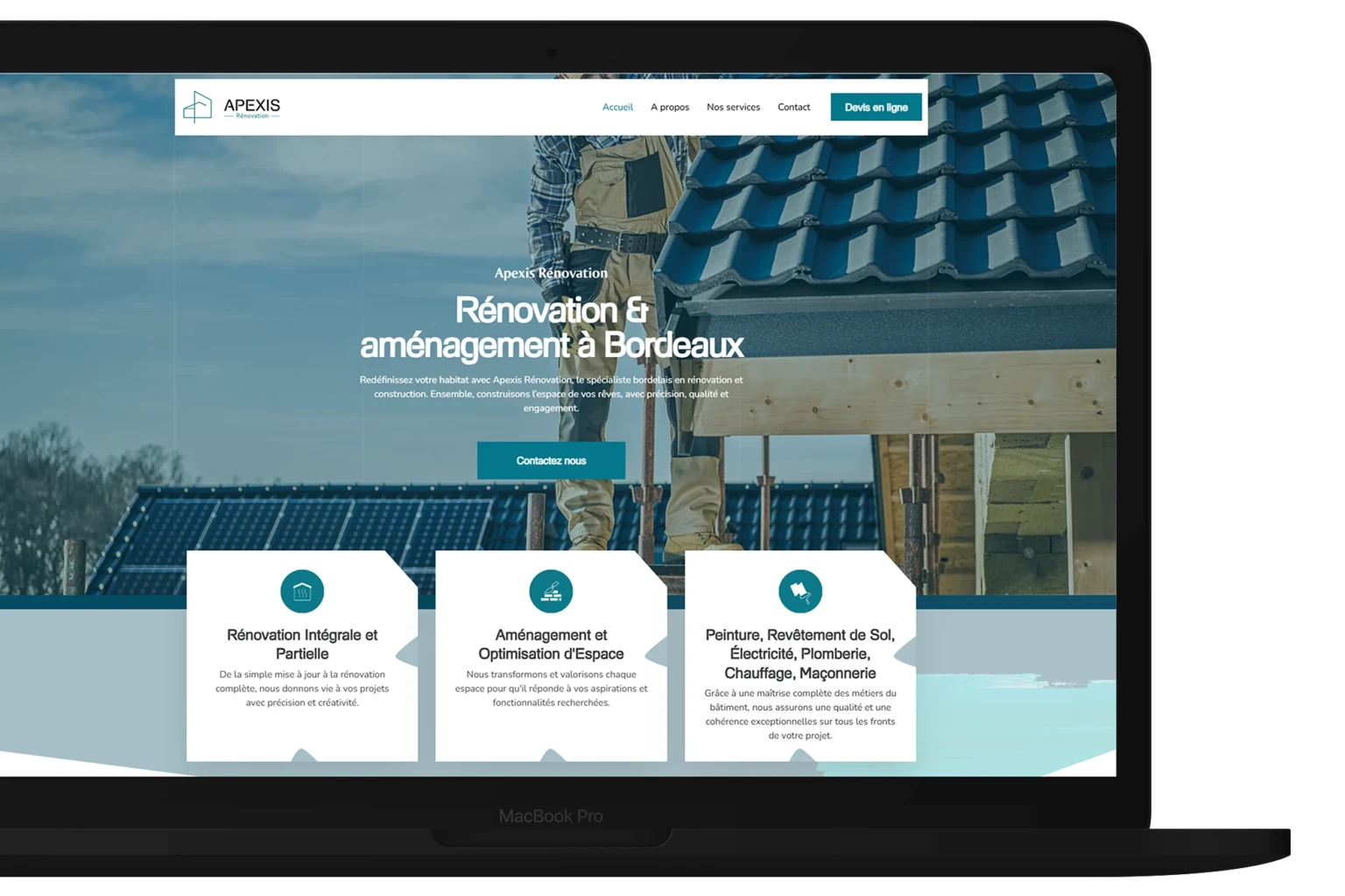 site vitrine d'entreprise de rénovation créer par l'agence web evico presnetation page accueil