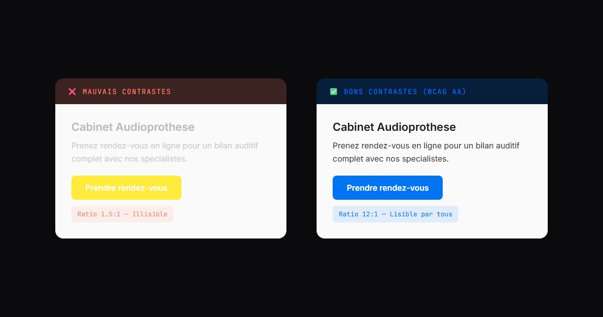 Comparaison mauvais contrastes vs bons contrastes WCAG AA sur un site de sante