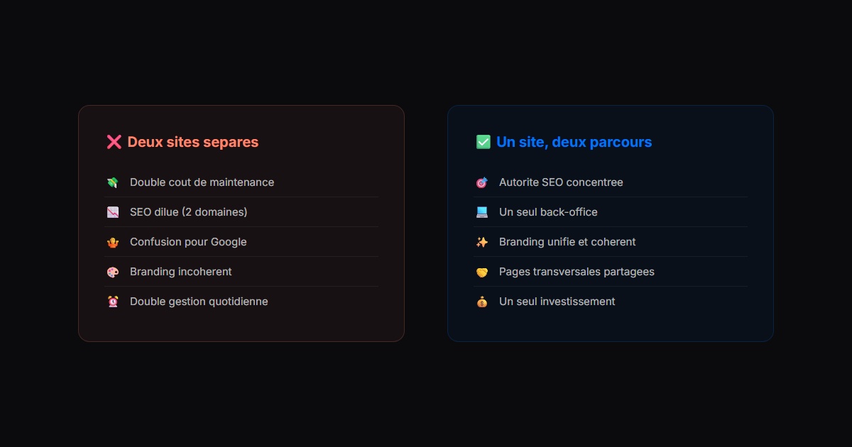 Decision : un site unique vs deux sites separes pour deux cibles