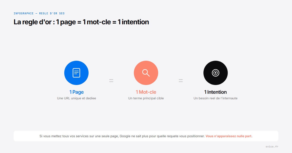 Infographie : la regle d'or SEO - 1 page = 1 mot-cle = 1 intention de recherche