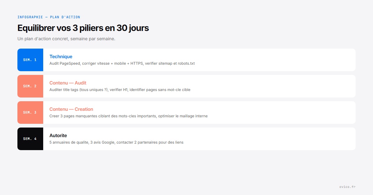 Infographie : plan d'action SEO en 30 jours - semaine par semaine, technique, contenu, autorite