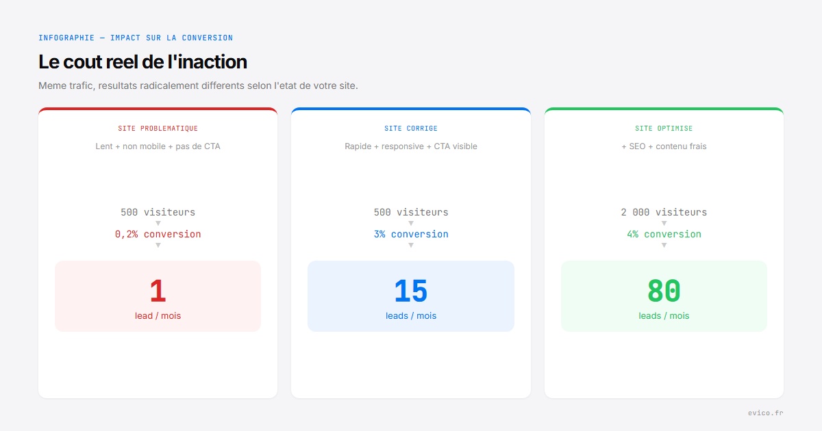 Infographie : cout de l'inaction - site problematique 1 lead vs site optimise 80 leads par mois