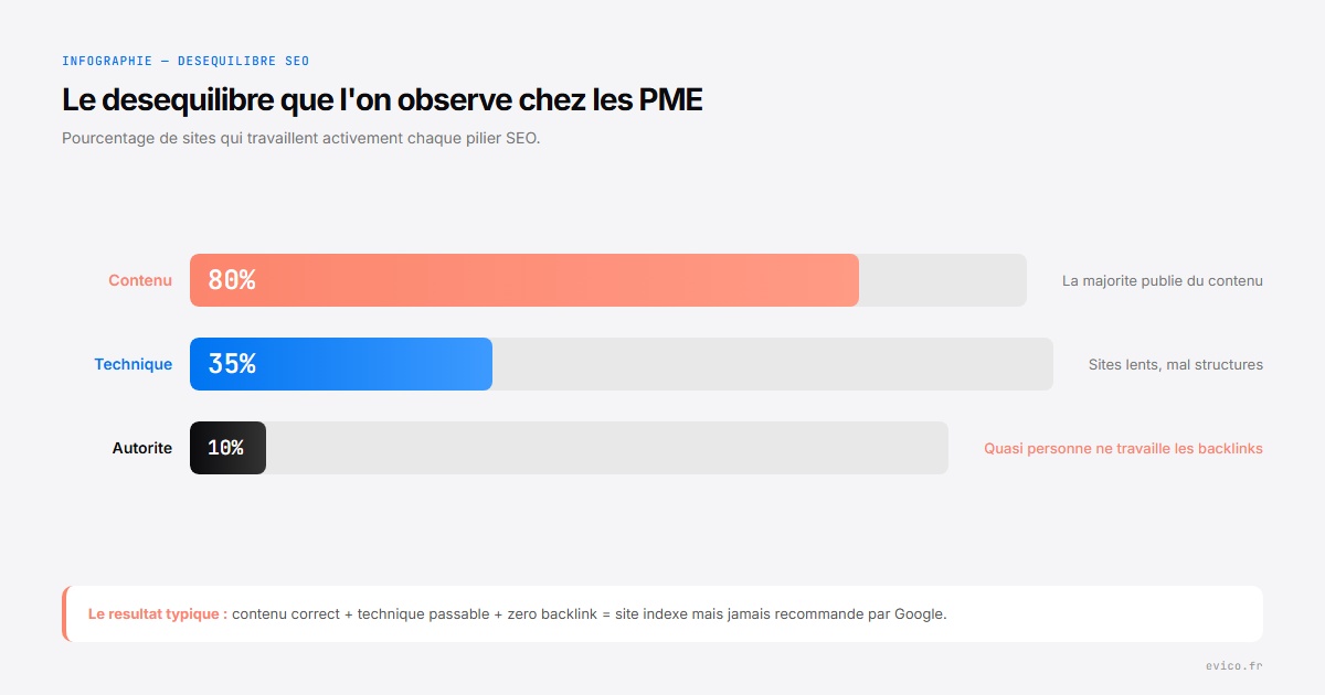 Infographie : desequilibre SEO chez les PME - 80% contenu, 35% technique, 10% autorite