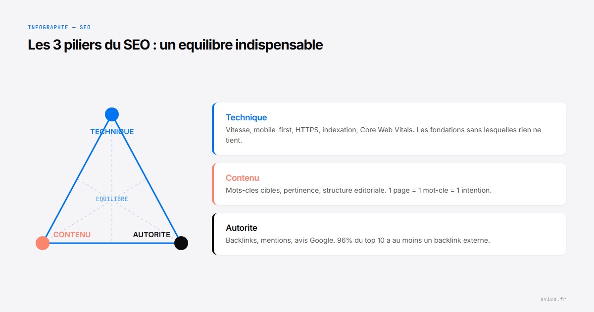 Infographie : les 3 piliers du SEO forment un trepied indissociable - technique, contenu, autorite