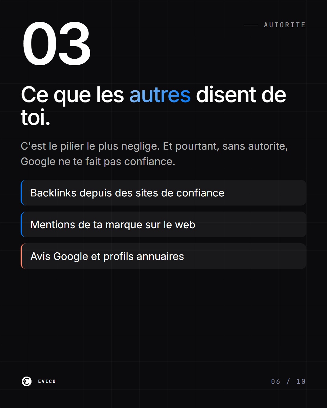Pilier 3 autorite SEO : backlinks, mentions, avis