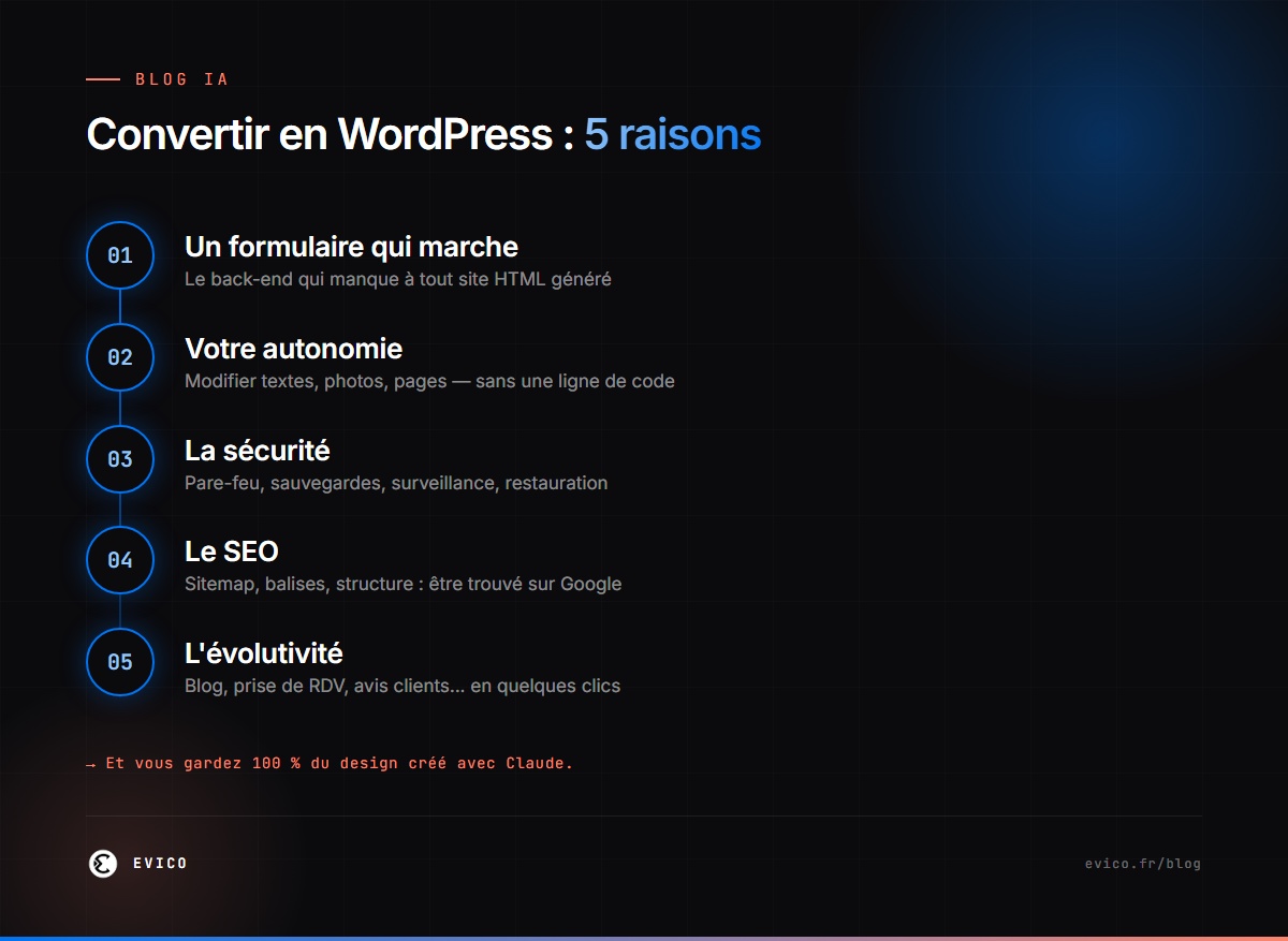 Infographie : les 5 raisons de convertir son site HTML Claude en WordPress — formulaire, autonomie, sécurité, SEO, évolutivité