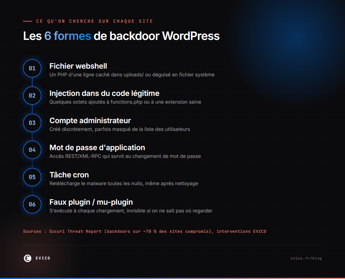 Infographie : les 6 formes de portes dérobées sur un site WordPress
