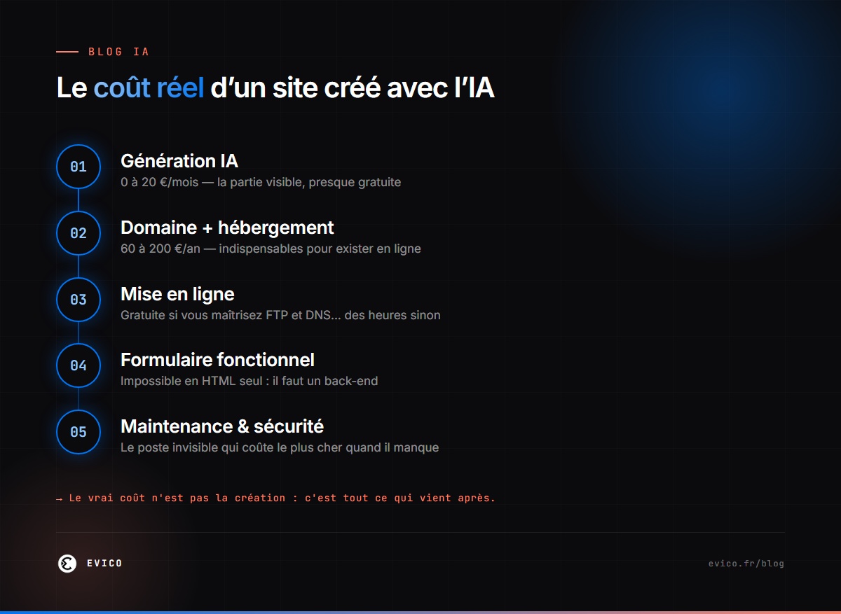 Infographie : le coût réel d'un site créé avec l'IA — génération, domaine, hébergement, mise en ligne, maintenance