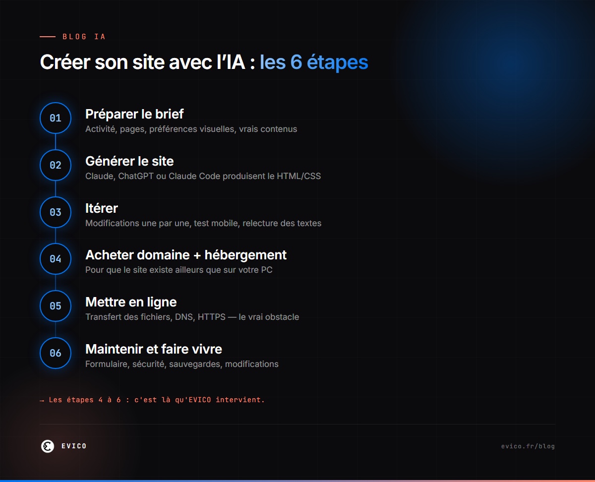Infographie : créer son site avec l'IA en 6 étapes — brief, génération, itérations, contenus, mise en ligne, maintenance