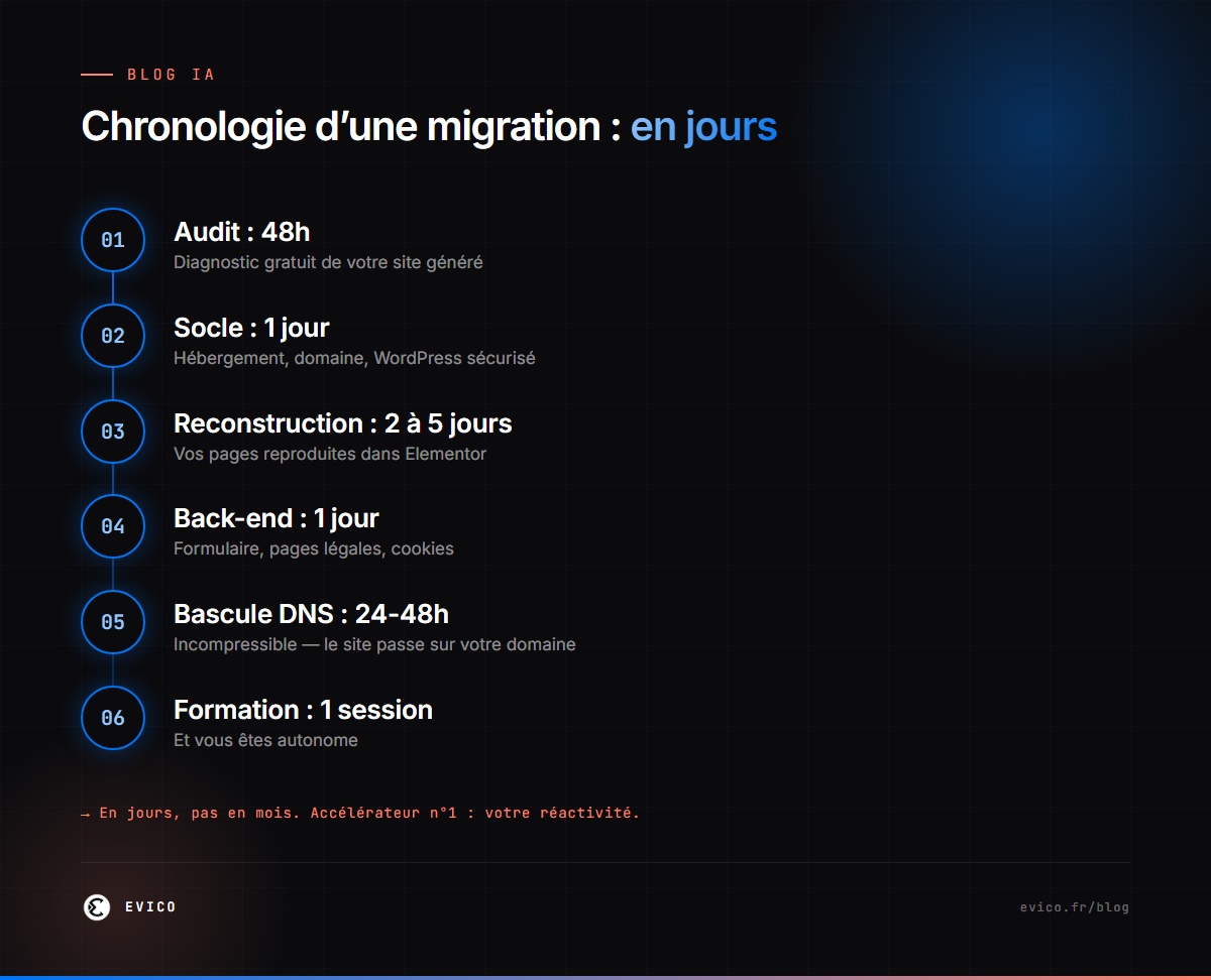 Infographie : la chronologie d'une migration de site IA vers WordPress — de l'audit sous 48h à la formation finale