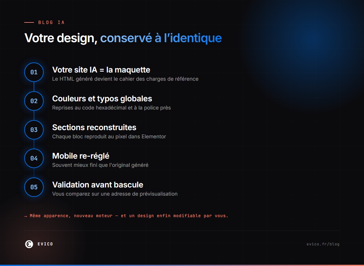 Infographie : comment le design d'un site IA est reproduit à l'identique dans Elementor — couleurs, typos, sections, responsive