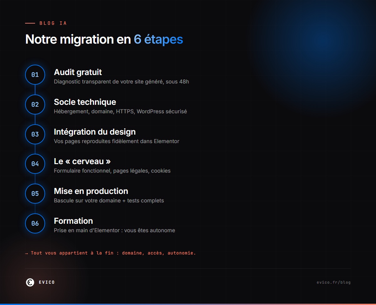 Infographie : la migration d'un site IA vers WordPress en 6 étapes — audit, socle, intégration, back-end, mise en ligne, formation