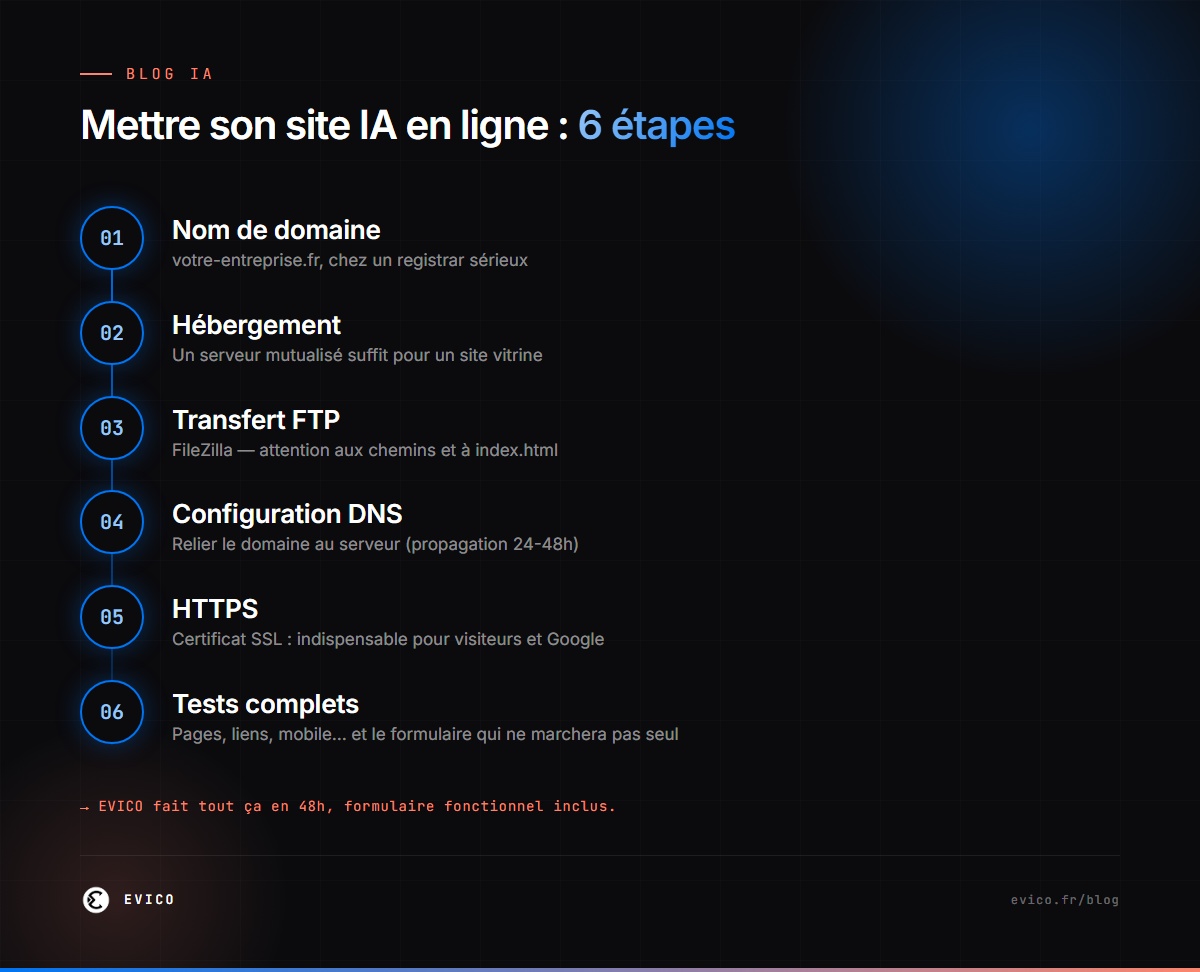 Infographie : mettre en ligne un site créé avec l'IA en 6 étapes — domaine, hébergement, transfert, DNS, HTTPS, tests