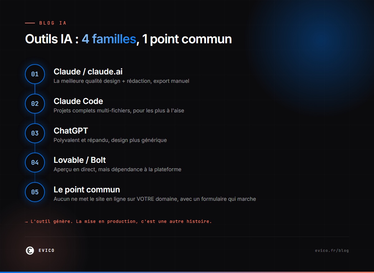 Infographie : les 4 familles d'outils IA pour créer un site et leur point commun — la mise en ligne reste à votre charge