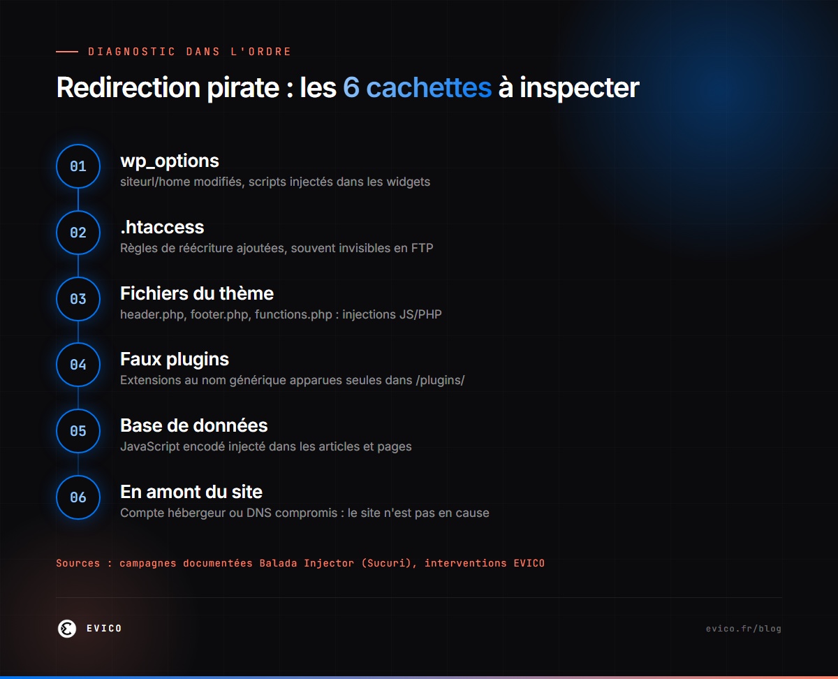 Infographie : où se cache une redirection malveillante sur un site WordPress