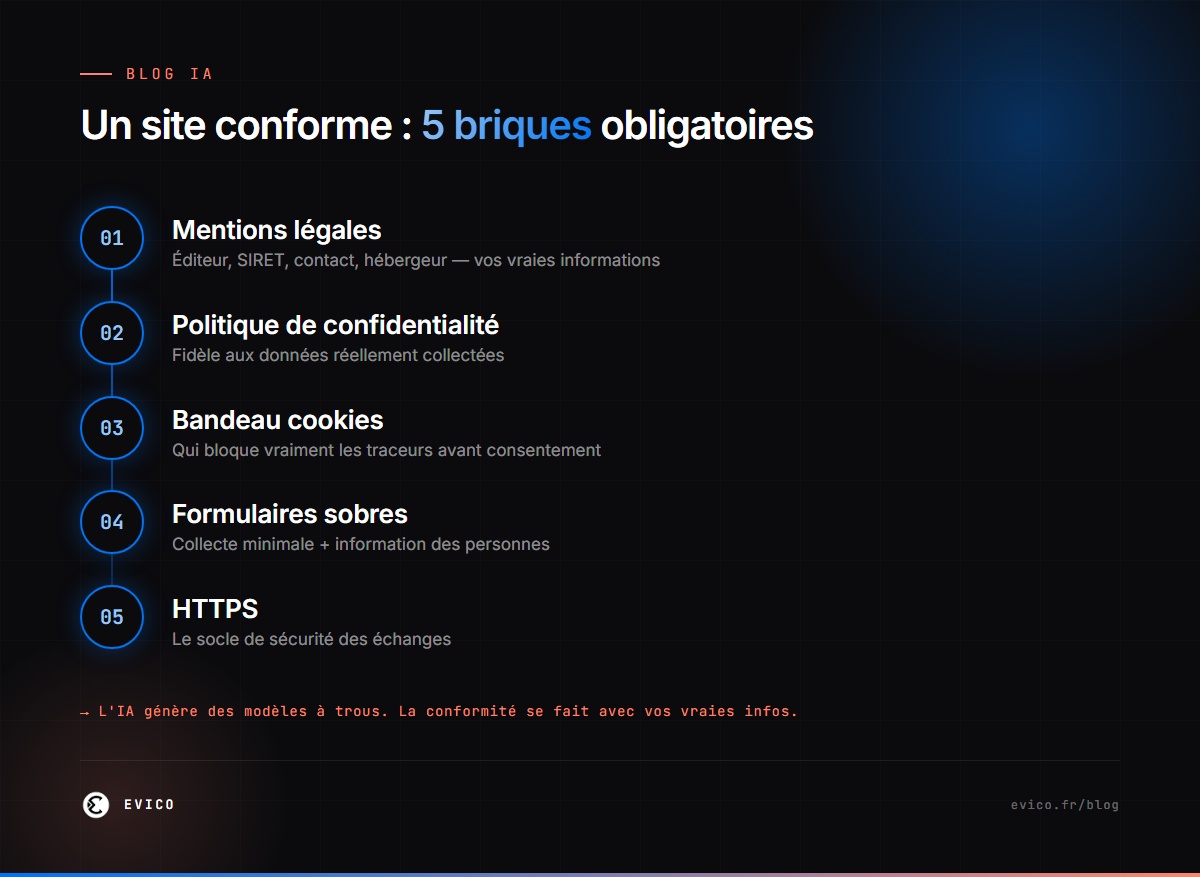 Infographie : la conformité d'un site professionnel en 5 briques — mentions légales, confidentialité, cookies, formulaires, HTTPS