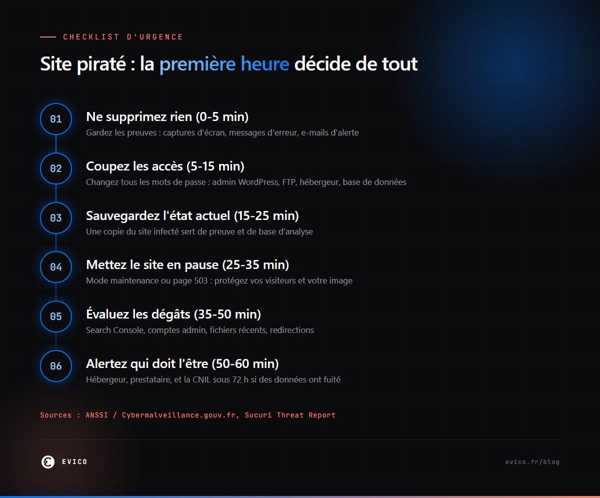 Infographie : la checklist de la première heure après un piratage de site