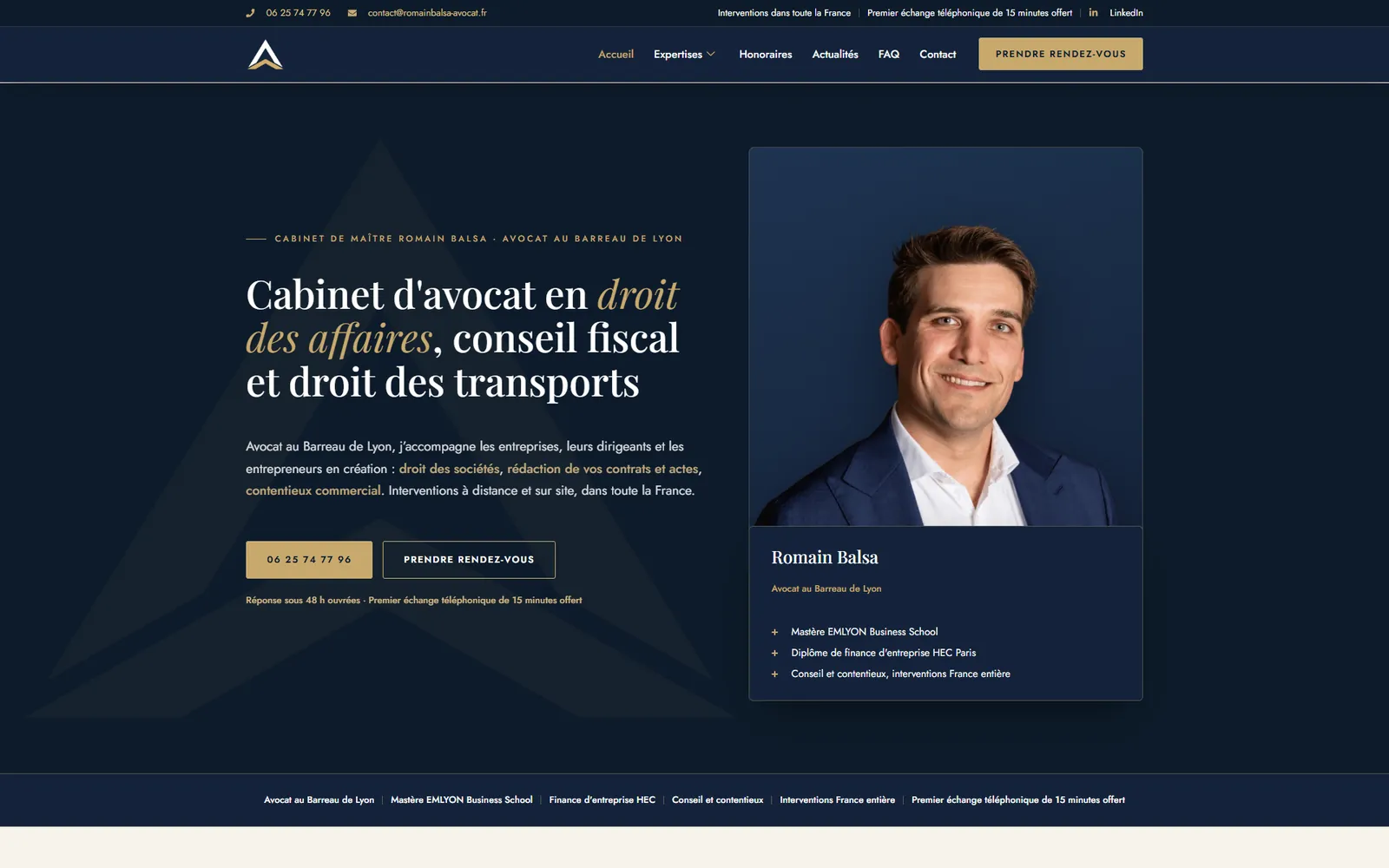 Refonte du site internet d'un cabinet d'avocat à Lyon : accueil après, design professionnel aligné sur les codes du métier