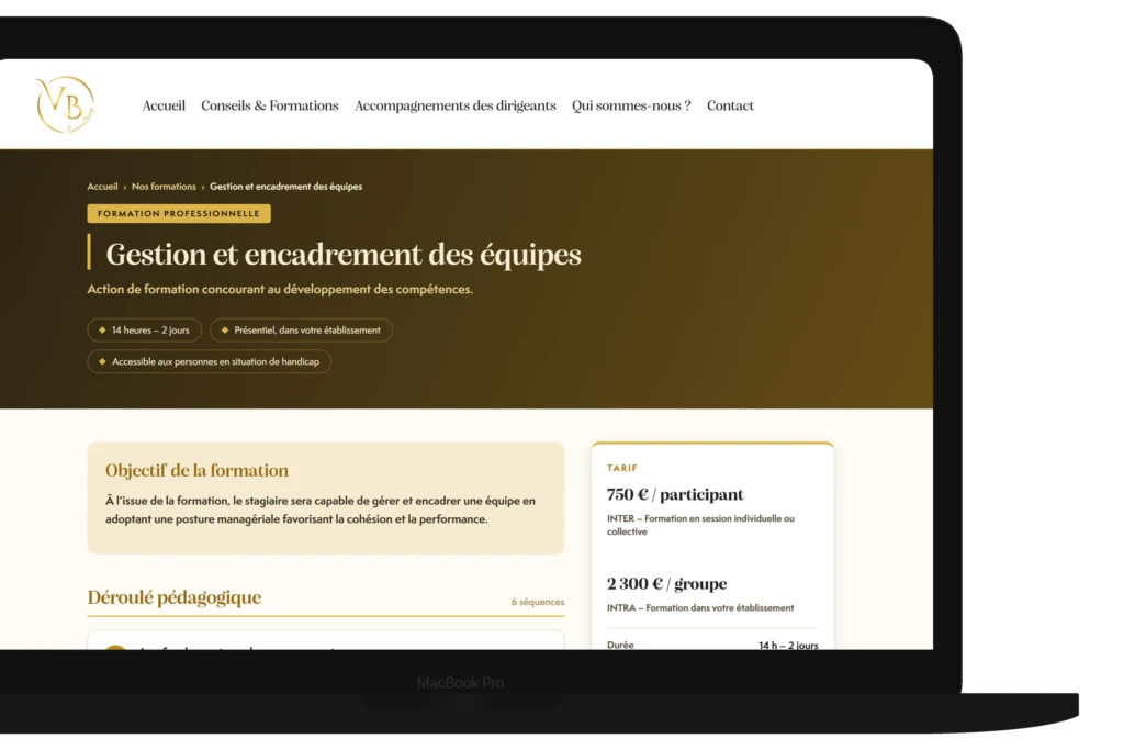 VB Consulting - vue de la page sur MacBook