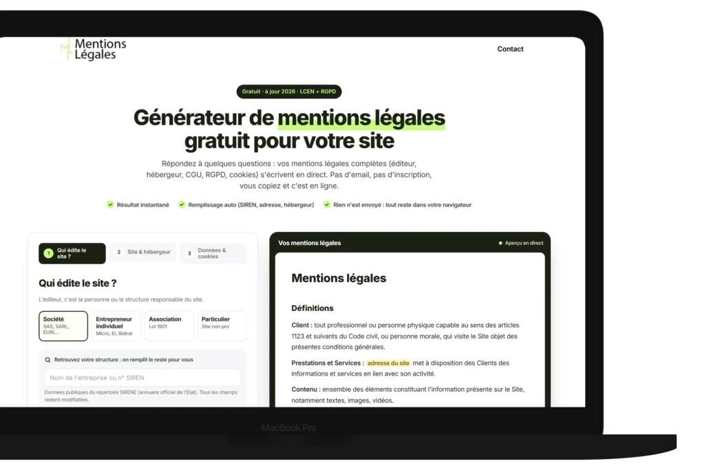 Générateur de Mentions Légales - vue de la page sur MacBook