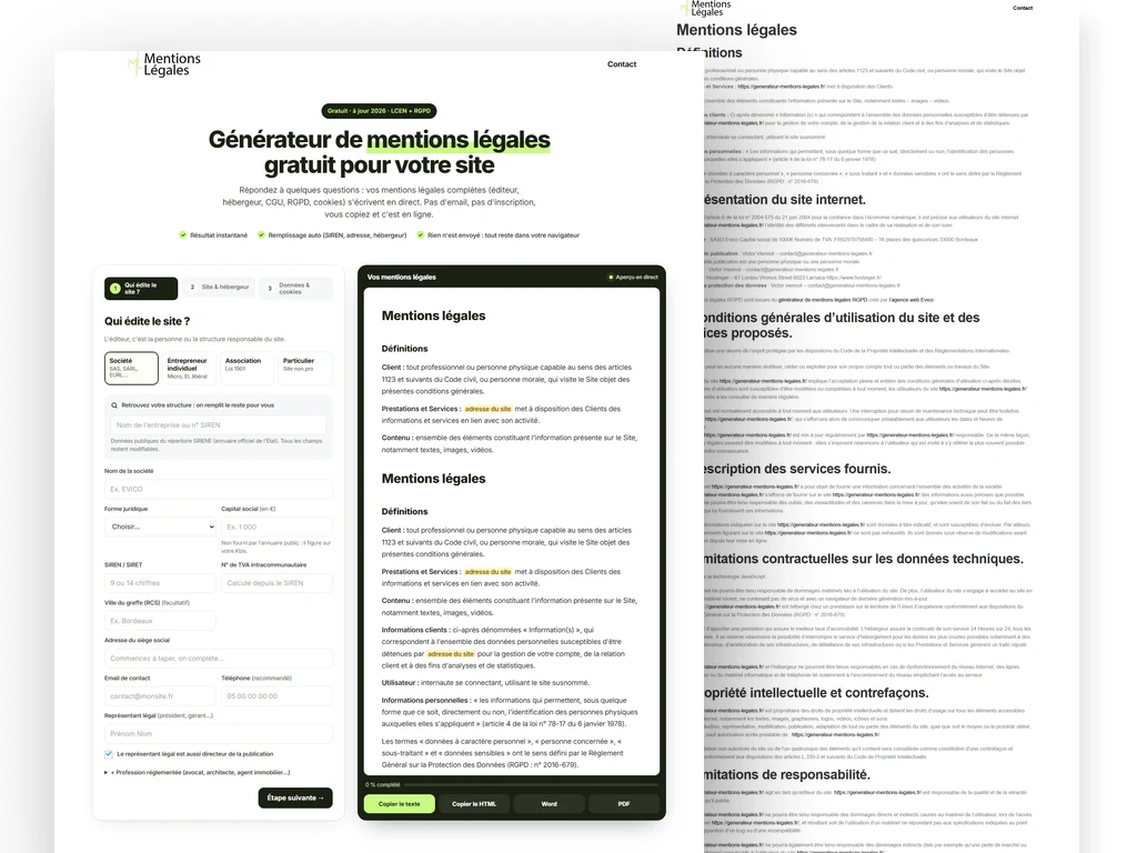 Générateur de Mentions Légales - Création d'un outil web en ligne