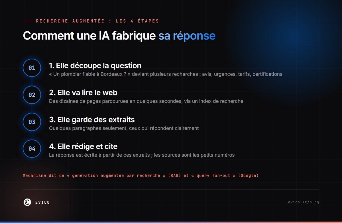 Infographie : les 4 étapes de la recherche augmentée d'une IA